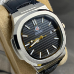 Silver Frosted Iced-Out Men's Watch – Black Dial, Gold Hands, Leather Strap & Date Display