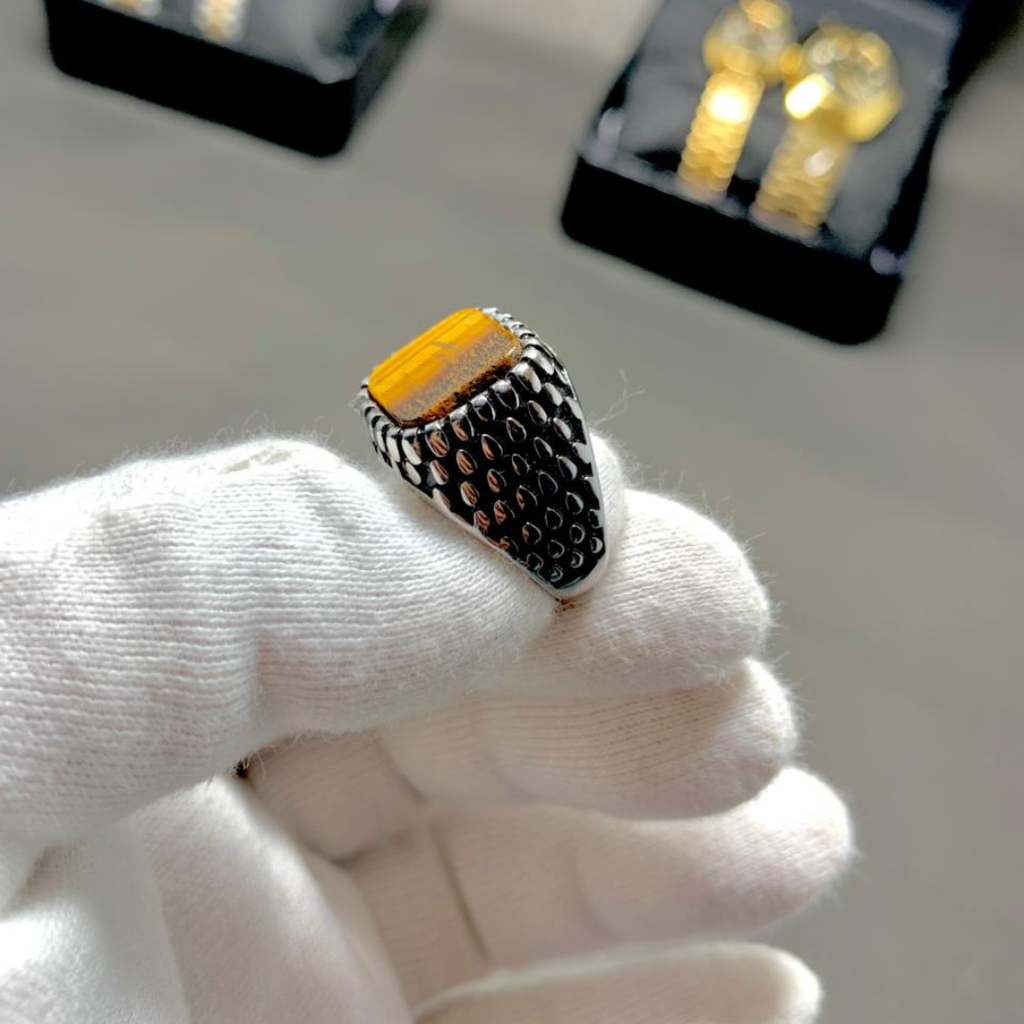 Men's Tiger's Eye Gemstone Stainless Steel Ring – Dragon Scale Textured Band