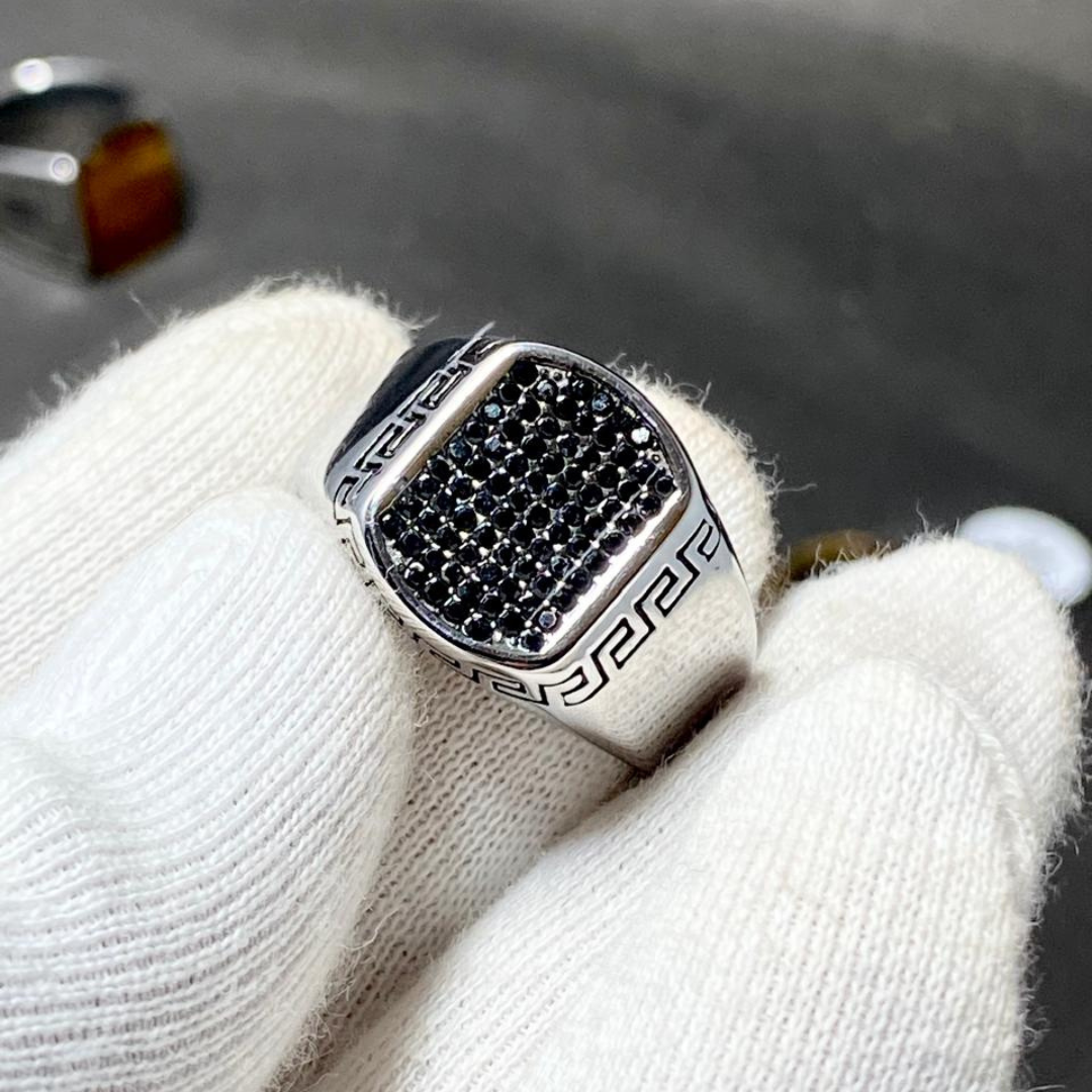 Men's Black CZ Pave Stainless Steel Ring – Greek Key Signet Design