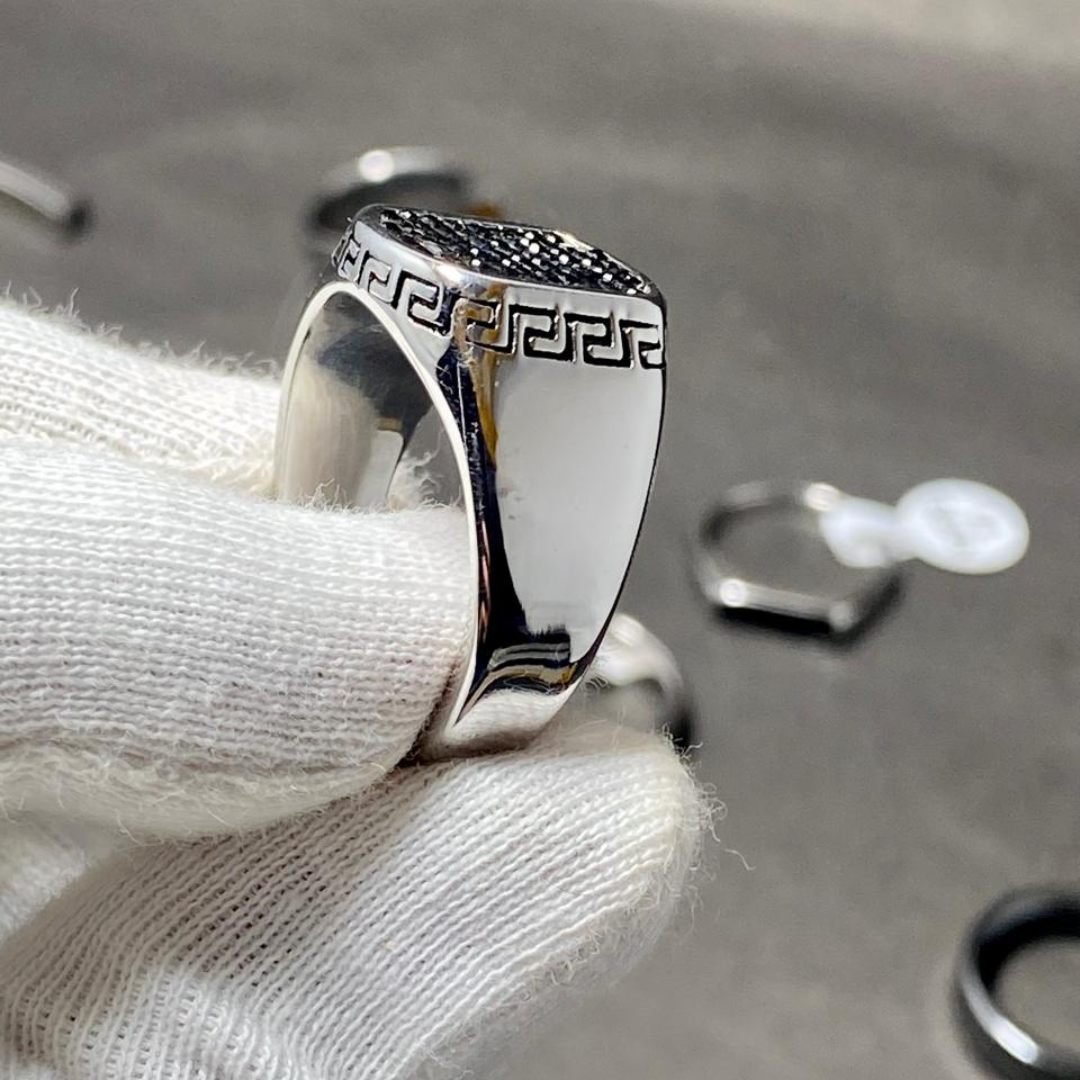 Men's Black CZ Pave Stainless Steel Ring – Greek Key Signet Design