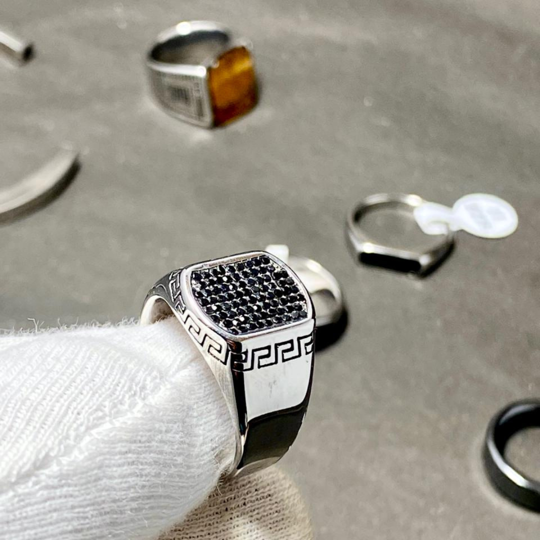 Men's Black CZ Pave Stainless Steel Ring – Greek Key Signet Design