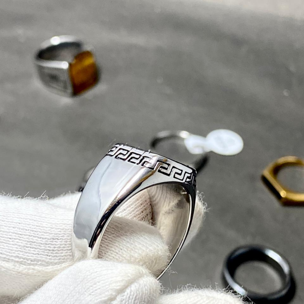 Men's Black CZ Pave Stainless Steel Ring – Greek Key Signet Design