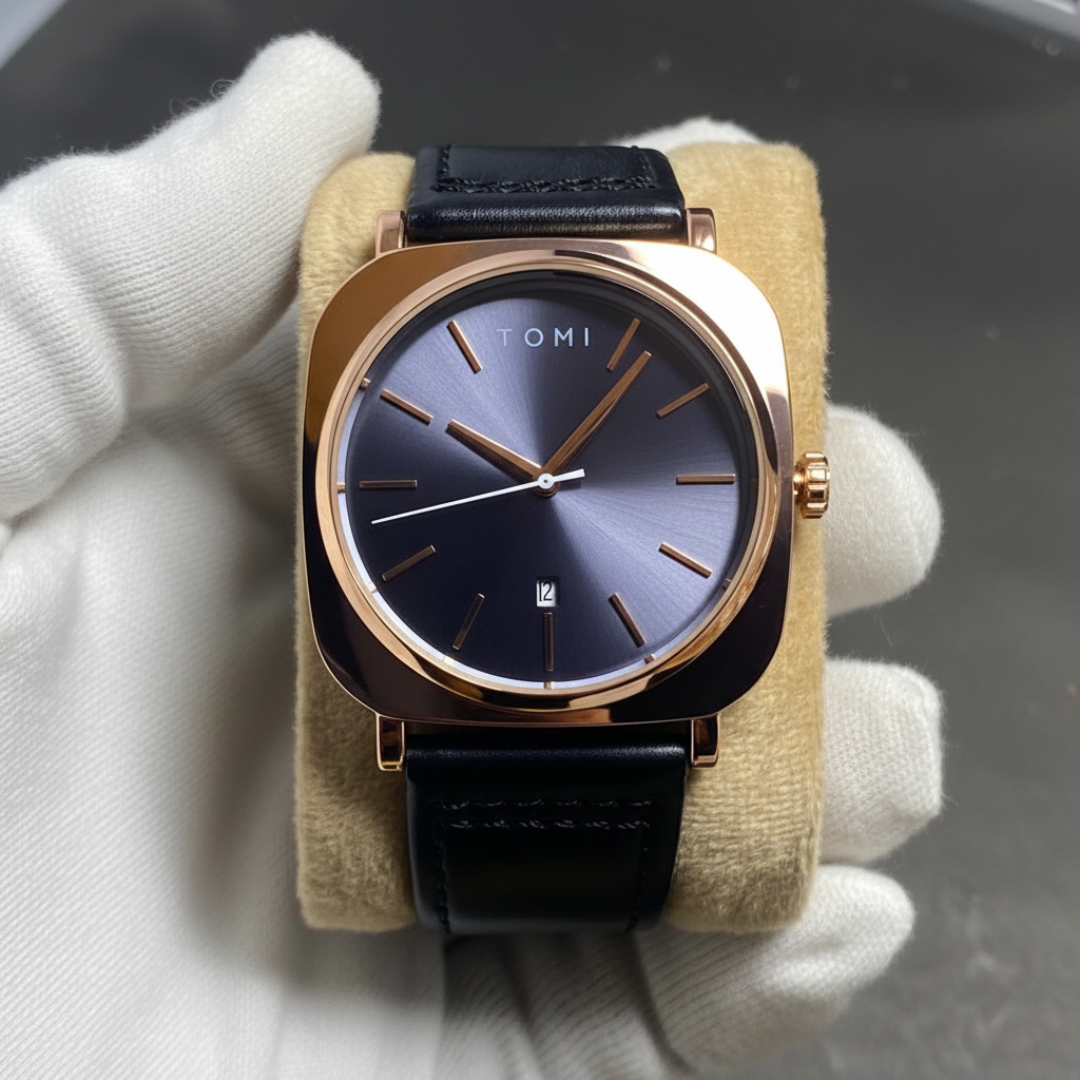 TOMI Rose Gold Men's Watch – Dark Slate Dial, Stainless Steel Case & Genuine Black Leather Strap