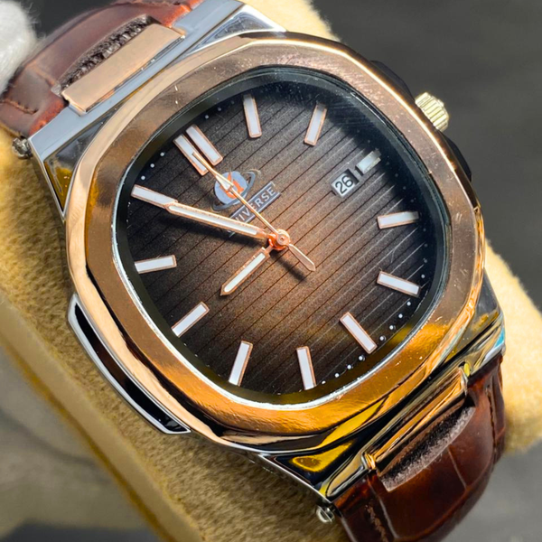 Rose Gold Nautilus-Style Men's Watch – Premium Leather Strap with Date Display