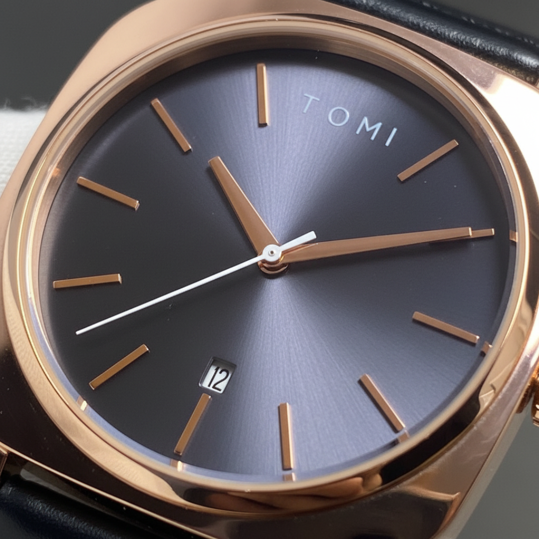 TOMI Rose Gold Men's Watch – Dark Slate Dial, Stainless Steel Case & Genuine Black Leather Strap