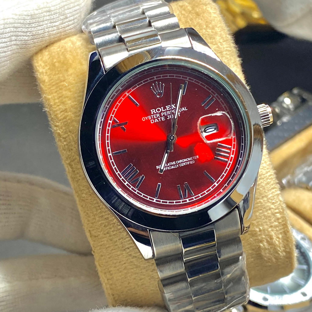 Men's Red Dial Stainless Steel Dress Watch – President-Style Bracelet with Date Display