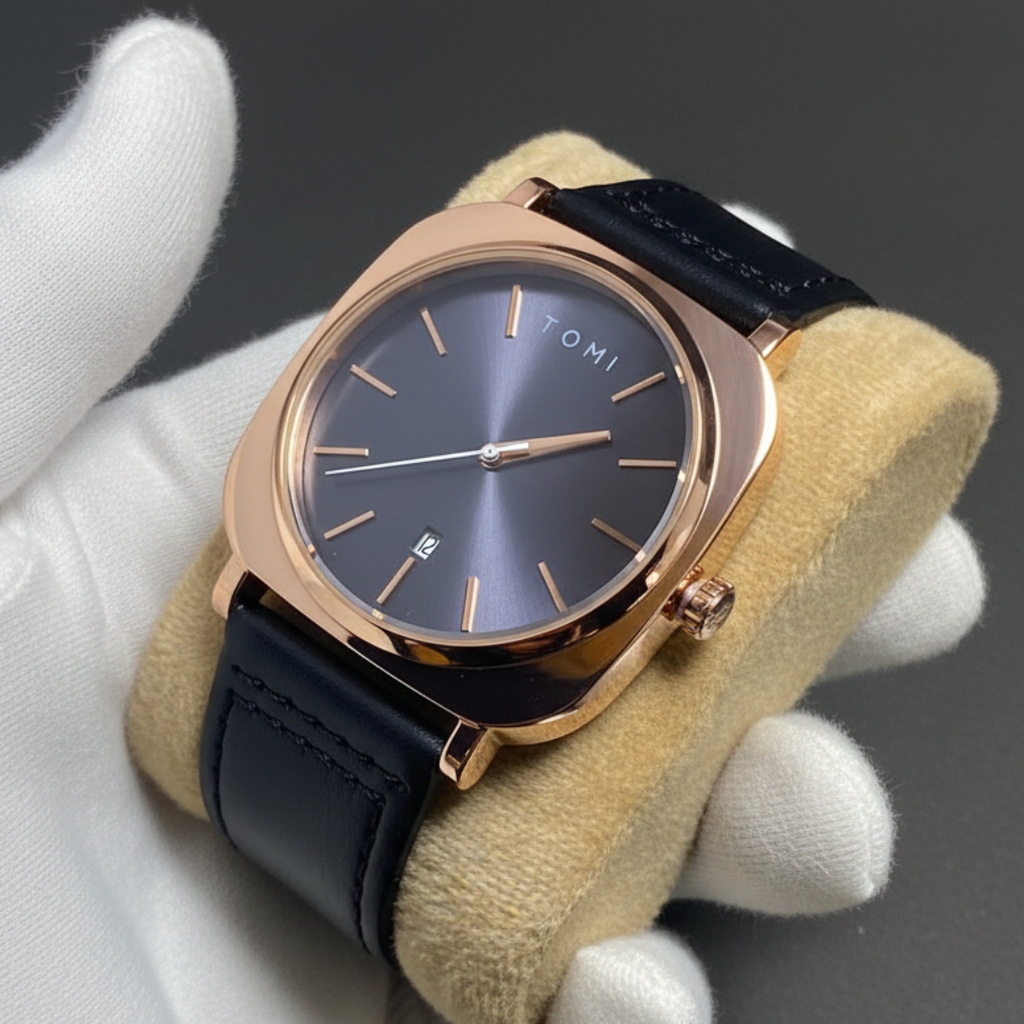 TOMI Rose Gold Men's Watch – Dark Slate Dial, Stainless Steel Case & Genuine Black Leather Strap