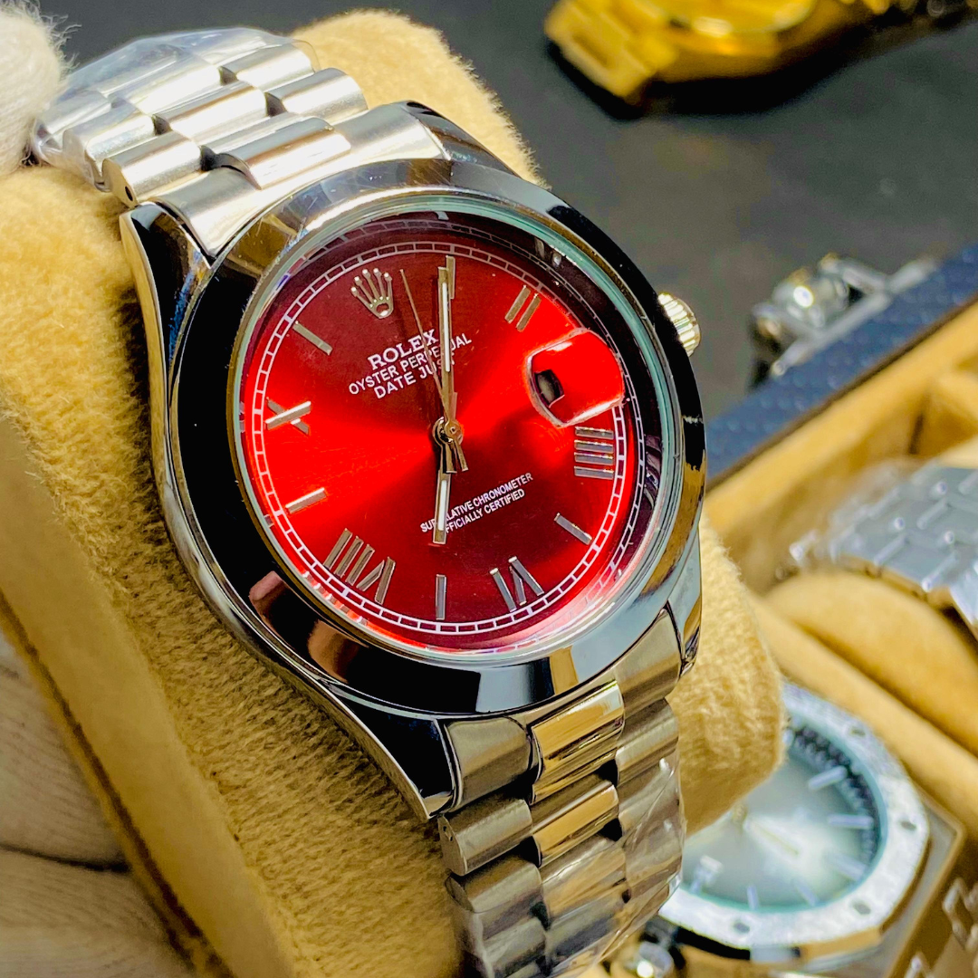 Men's Red Dial Stainless Steel Dress Watch – President-Style Bracelet with Date Display