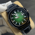 Watch with green face and black strap on a neutral background