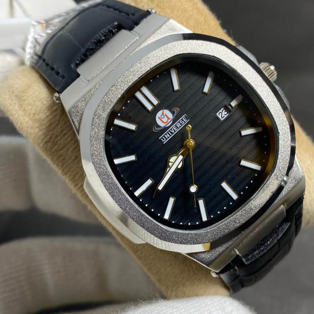 Silver Frosted Iced-Out Men's Watch – Black Dial, Gold Hands, Leather Strap & Date Display