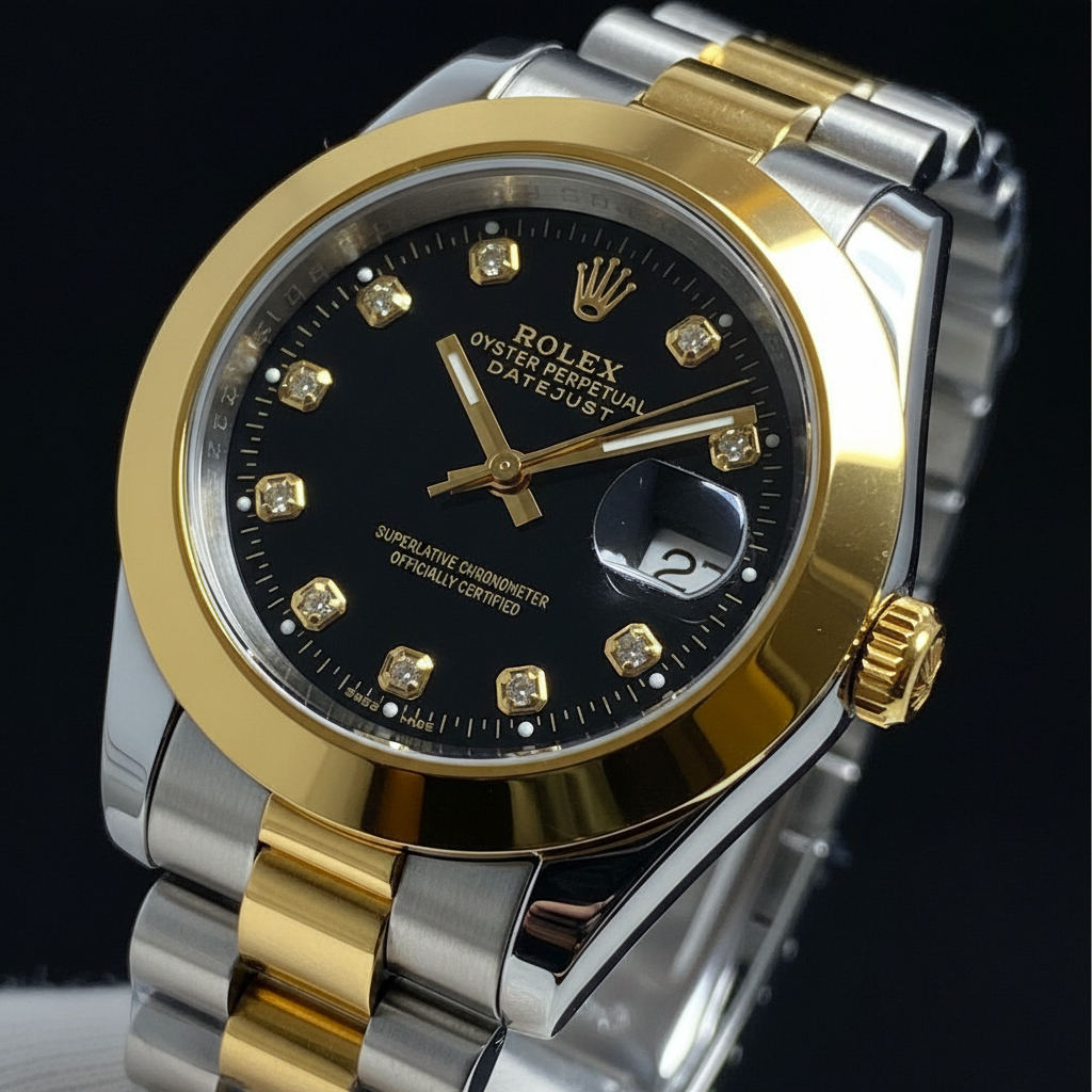 Two-Tone Gold & Silver Men's Dress Watch – Black Dial, Diamond Markers & Jubilee Bracelet