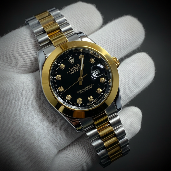 Two-Tone Gold & Silver Men's Dress Watch – Black Dial, Diamond Markers & Jubilee Bracelet