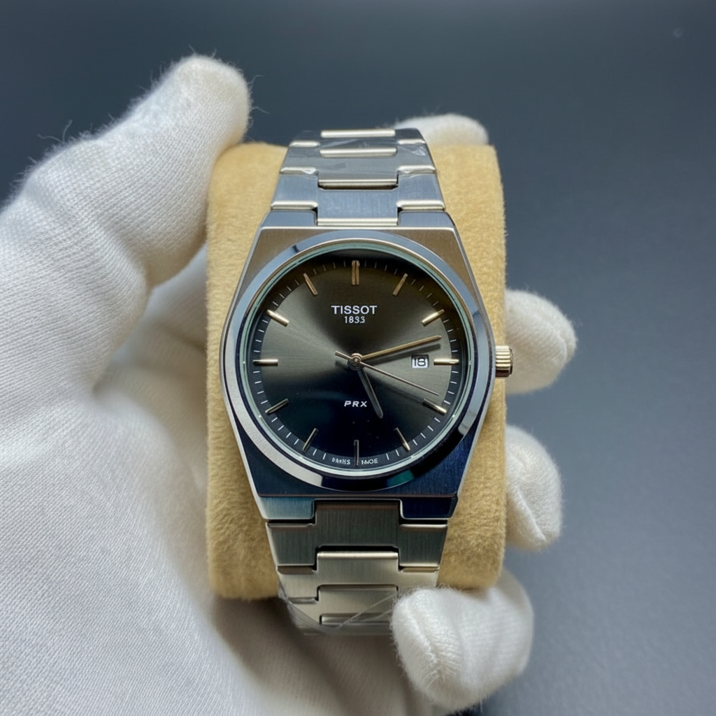 GW-1853 watch silver band black dial professional shot on beige cushion
