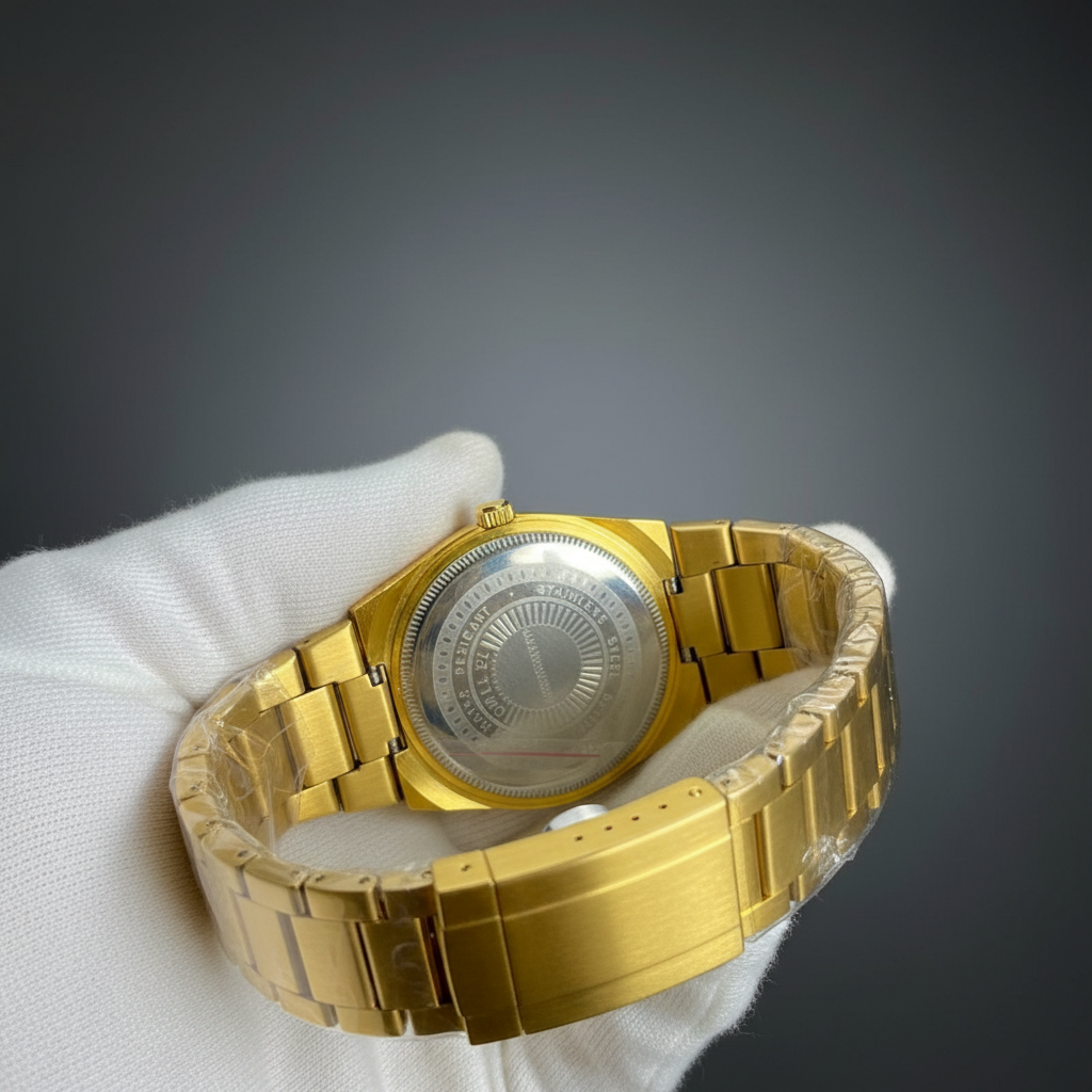 Tissot PRX Powermatic 80 gold caseback detail on dark grey background
