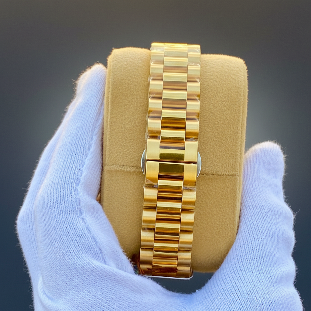Tissot PRX gold president bracelet side view dark grey background
