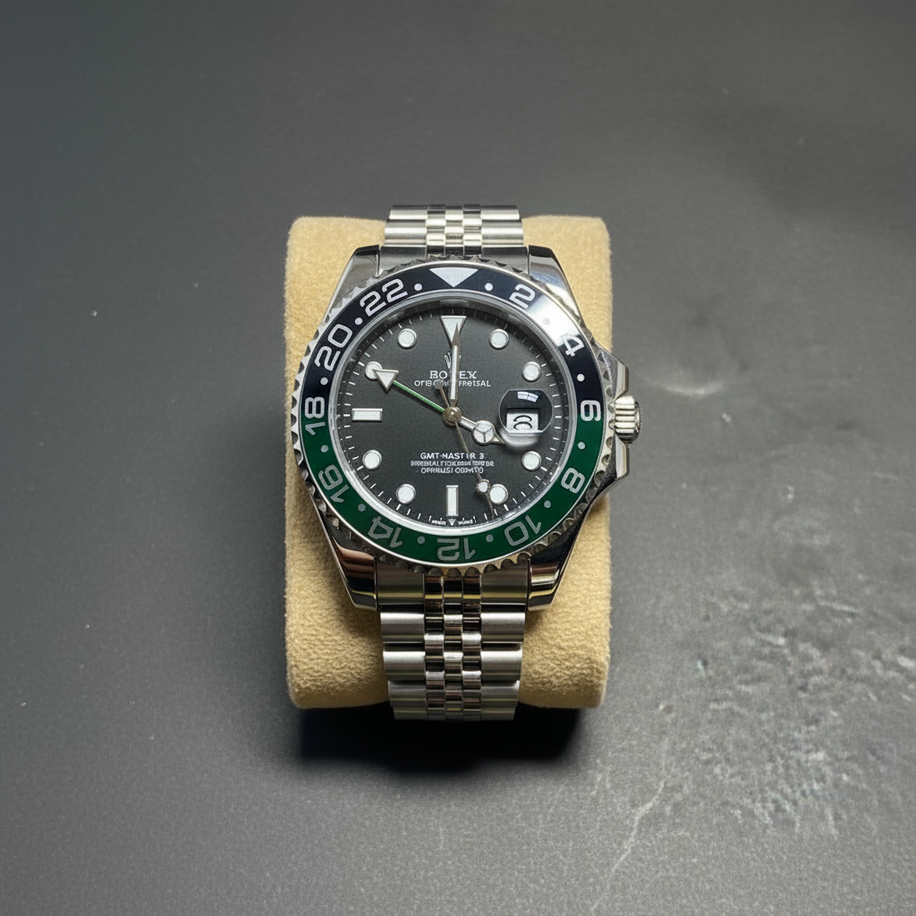 GMT style watch with green black Sprite bezel flat lay overhead shot