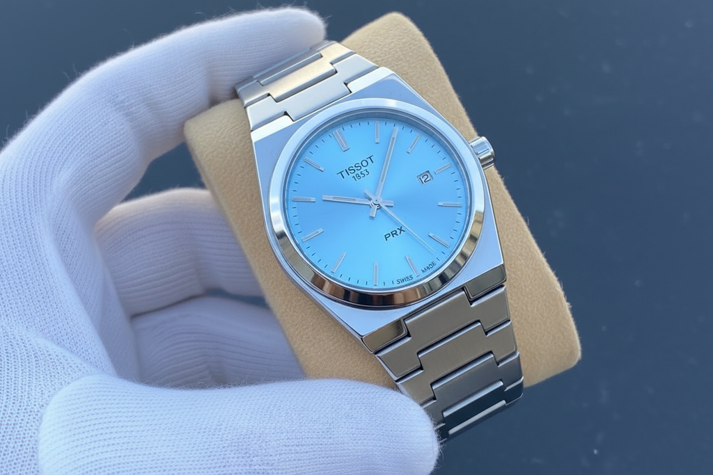 Tissot PRX style watch ice blue dial cinematic 45 degree angle