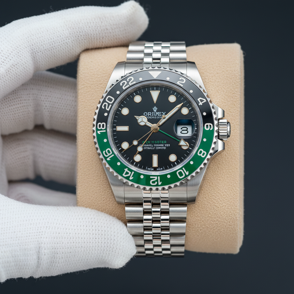 GMT style watch with green black Sprite bezel hero shot on beige cushion