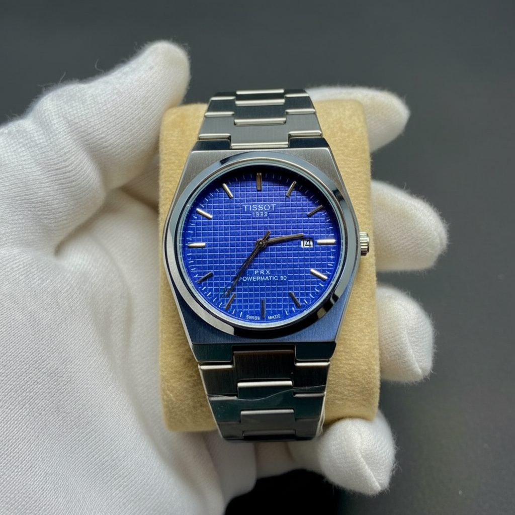GW-1853 watch silver band blue dial professional shot on beige cushion