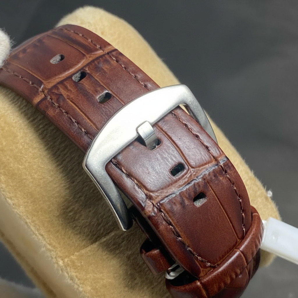Professional close-up of brown crocodile leather strap with silver buckle