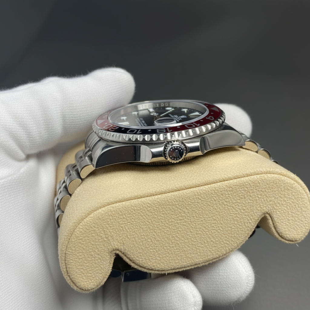 GMT style watch with red black Pepsi bezel side crown profile
