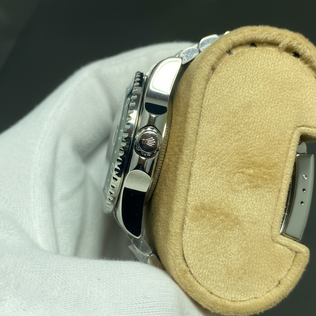 GMT Master style watch side profile showing crown and case detail