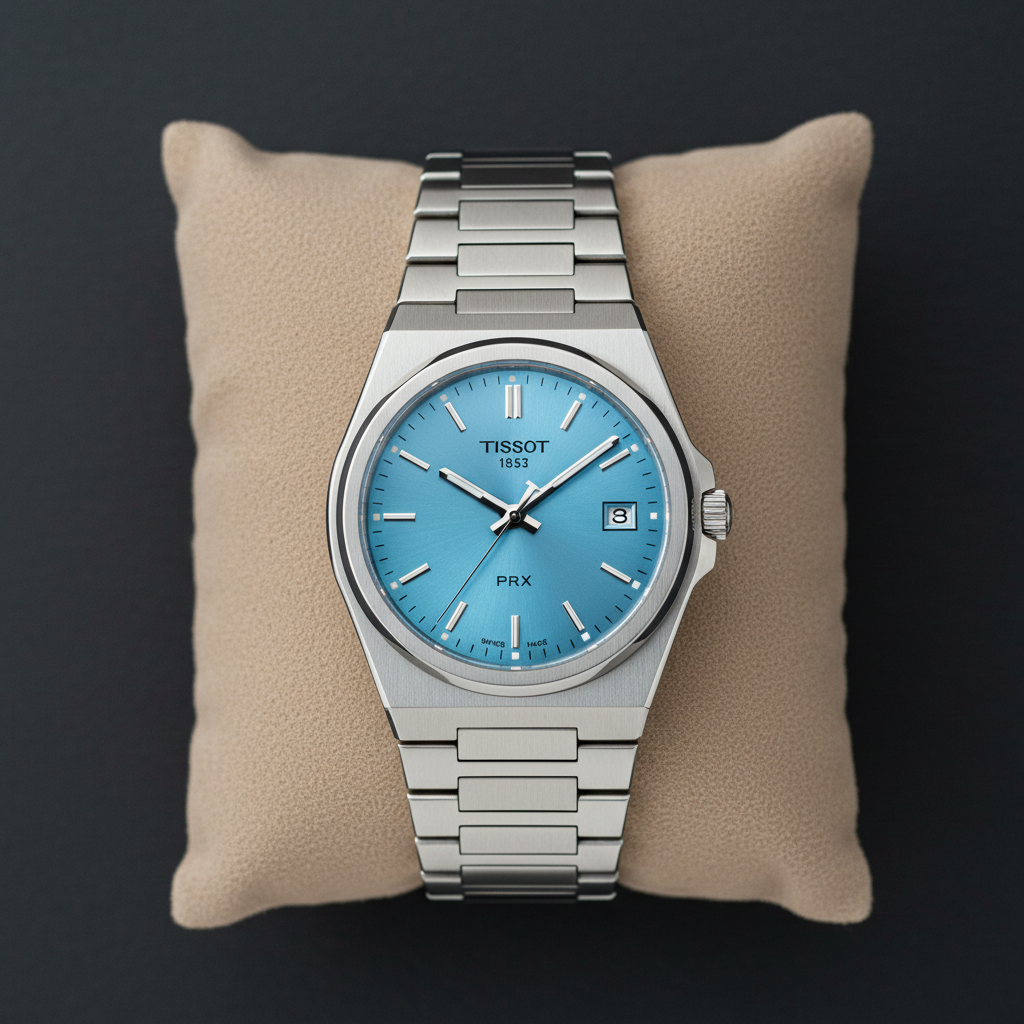 Tissot PRX style watch ice blue dial flat lay overhead shot