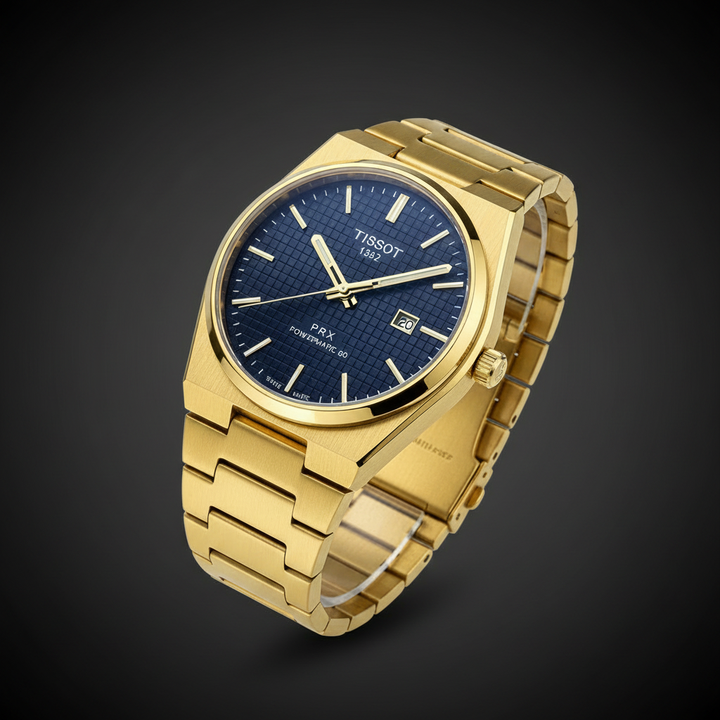 Tissot PRX Powermatic 80 gold blue dial angle view dark grey background