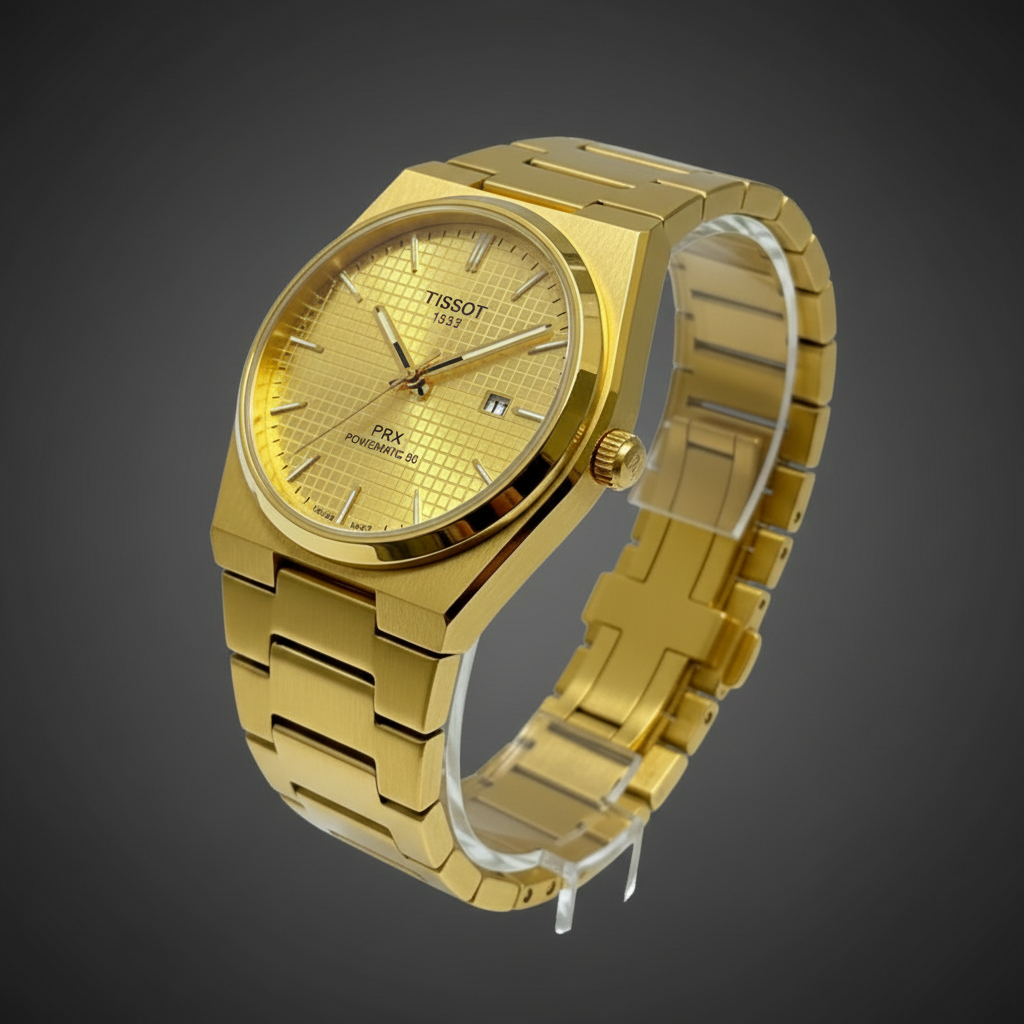 Tissot PRX gold watch on grey background angle shot