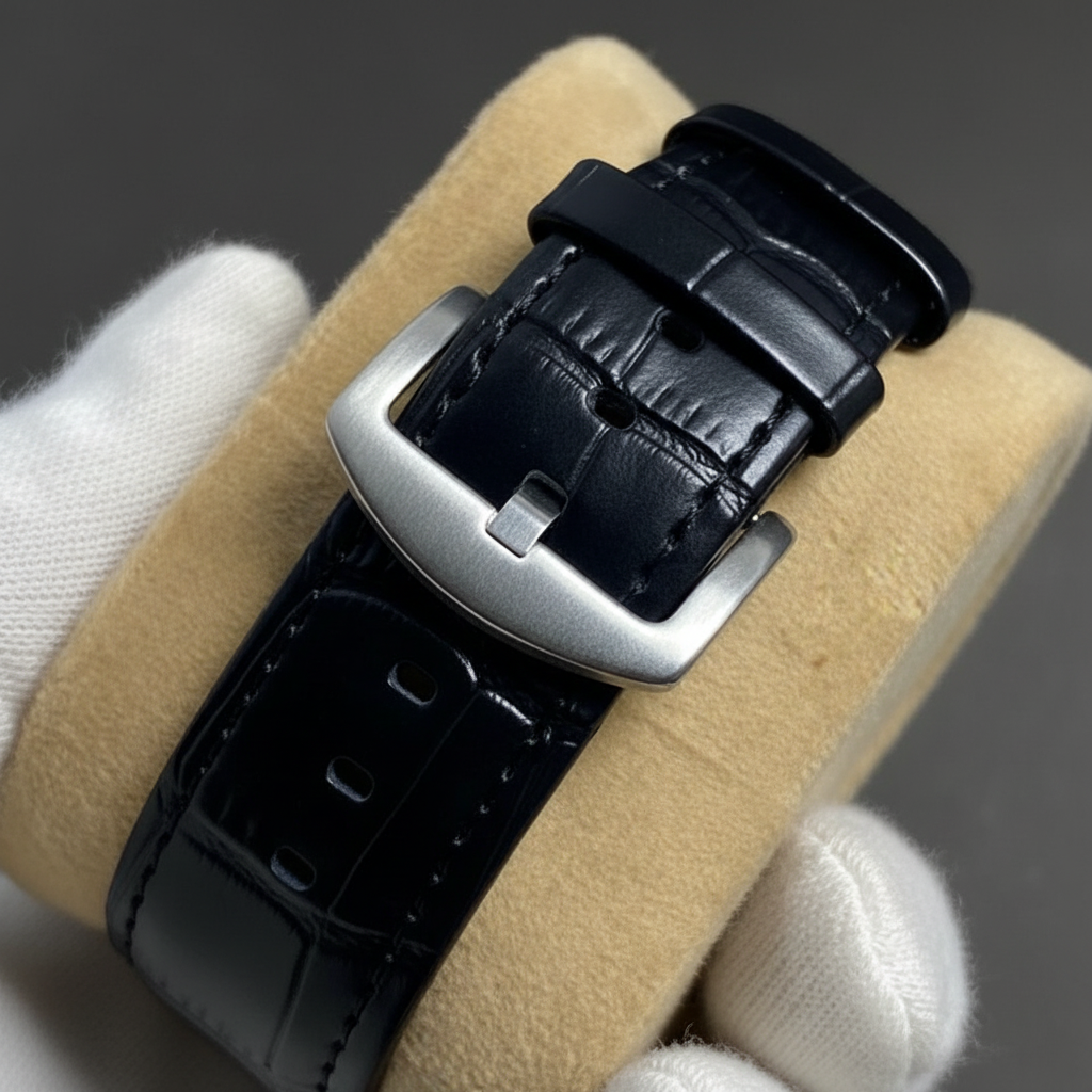 Professional close-up of black crocodile leather strap with silver buckle