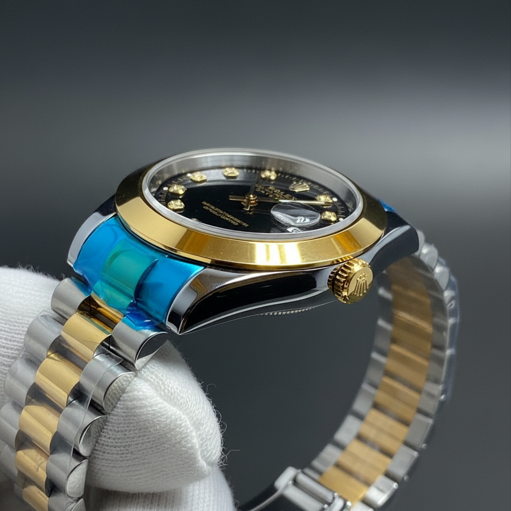 Two-Tone Gold & Silver Men's Dress Watch – Black Dial, Diamond Markers & Jubilee Bracelet