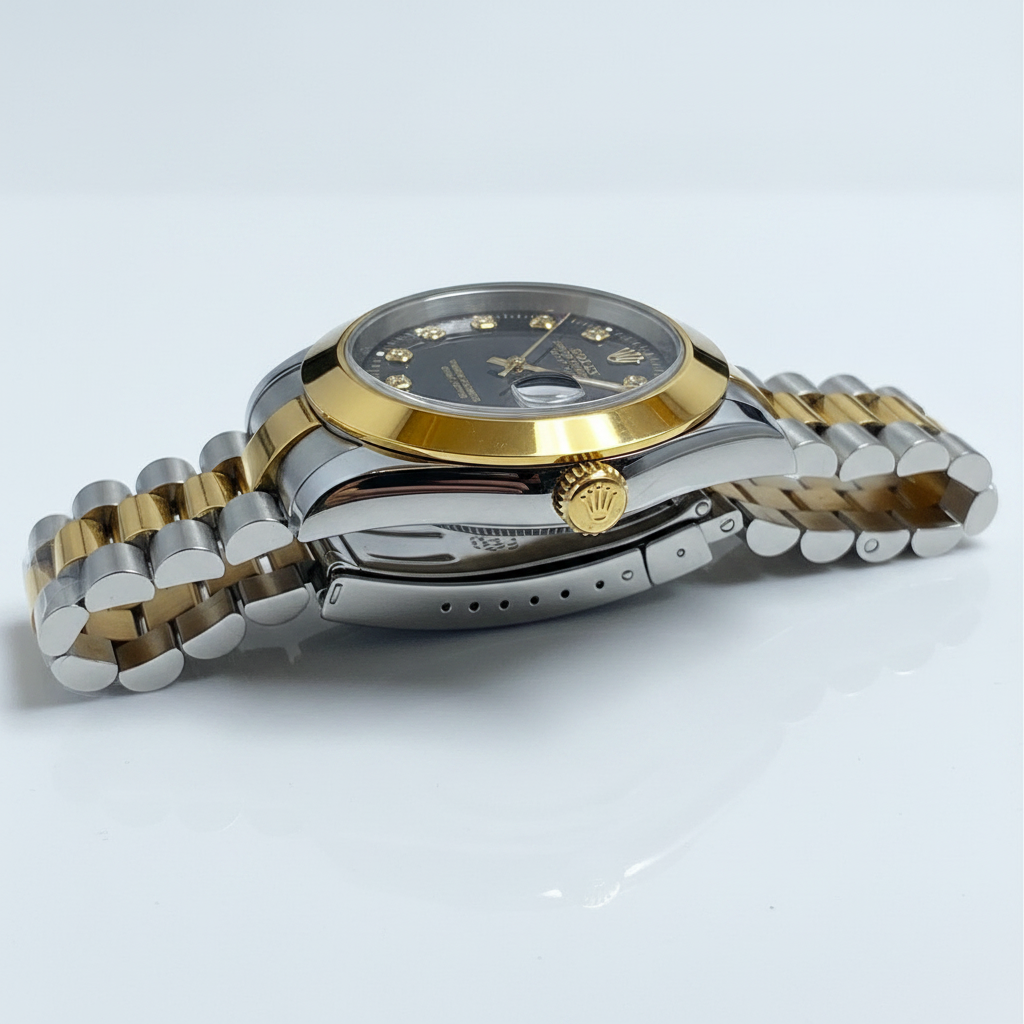 Two-Tone Gold & Silver Men's Dress Watch – Black Dial, Diamond Markers & Jubilee Bracelet