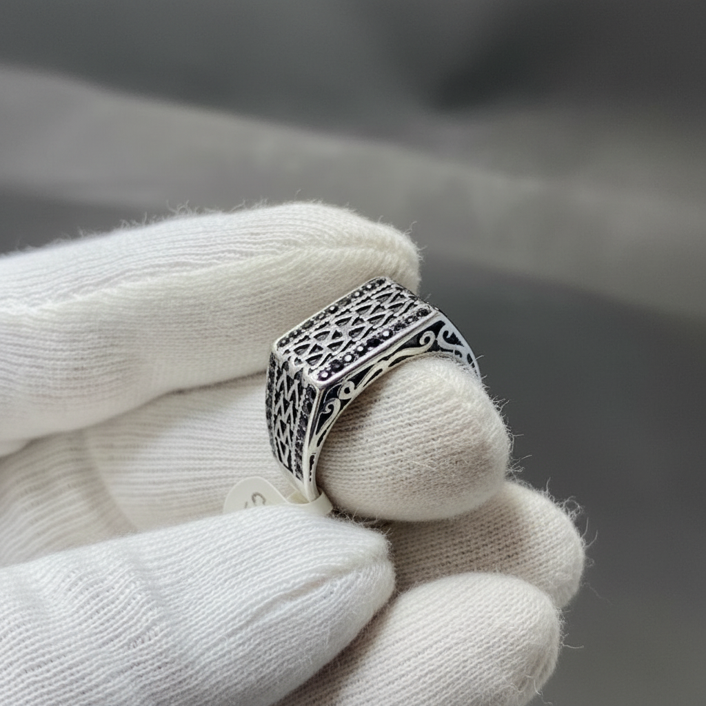 Men's Black Diamond Stainless Steel Ring – Geometric Crown Design